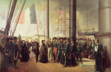 Königin Victoria I., an Bord des Dampfschiffs „Le Gomer“ von Konteradmiral Lasusse empfangen, 15. Oktober 1844